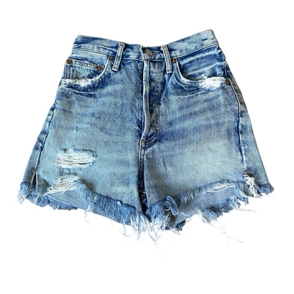 AGOLDE Dee Long Inseam Cut Off Denim Shorts Ricochet Sz 24 100% Cotton A083 - Picture 1 of 7